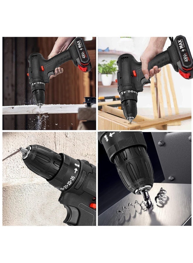 ALongDeng 48V Cordless Drill Set Power Drill Kit with 1 Pcs Battery 25 Position 2 Variable Speed 3/8'' Keyless Chuck Fast Charger and 24 Pcs Accessories with Case - Image 5